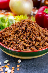 Vegetarian plant based imitation minced meat ready to eat