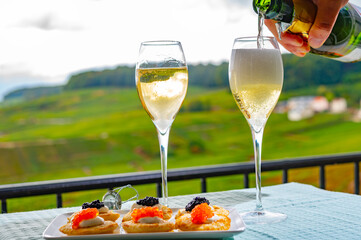 Tasting of french sparkling white wine with bubbles champagne on outdoor terrace with view on grand cru Champagne vineyards in Cramant, near Epernay, France
