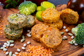 Small tasty vegan and vegetarian burgers made from fresh vegetables and dried legumes and beans