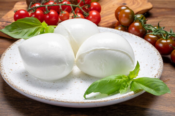 Cheese collection, white balls of soft Italian cheese mozzarella, served with red cherry tomatoes, fresh basil leaves