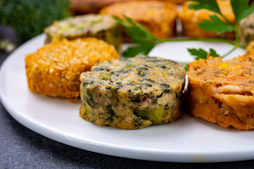 Small tasty vegan and vegetarian burgers made from fresh vegetables and dried legumes and beans