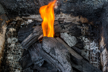 Hot Burning Charcoal for BBQ  with Flame and Fire Background