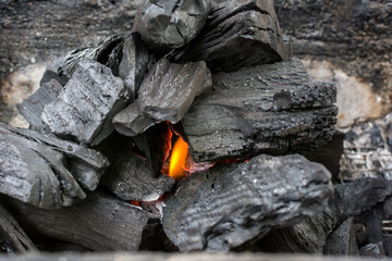 Hot Burning Charcoal for BBQ  with Flame and Fire Background