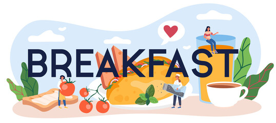 Tasty breakfast typographic header. Scrambled egg with vegetables