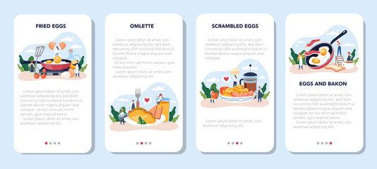 Naklejka premium Tasty fried eggs for breakfast mobile application banner set. Scrambled egg