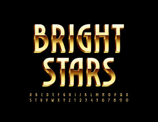 Vector elite emblem Bright Stars. Stylish 3D Font. Elegant Golden Alphabet Letters and Numbers set
