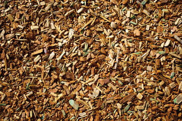 Mulch made of wood bark. Mulching is an agrotechnical way of covering the soil