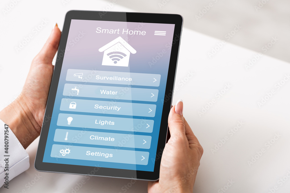 Poster Remote Smart Home Control System Opened On Digital Tablet In Female Hands