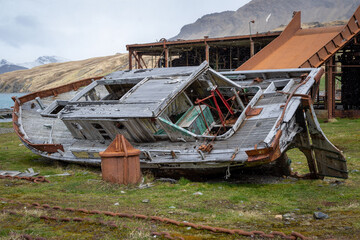 An old, destroyed boat at an abandoned whaling base in Grytviken. South Georgia.