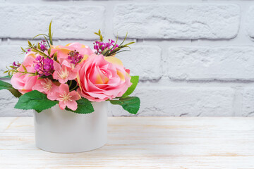 Beautiful bouquet of pink roses for valentines day. background with copy space.