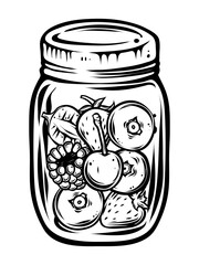 Glass jar with various berries, monochrome, vector