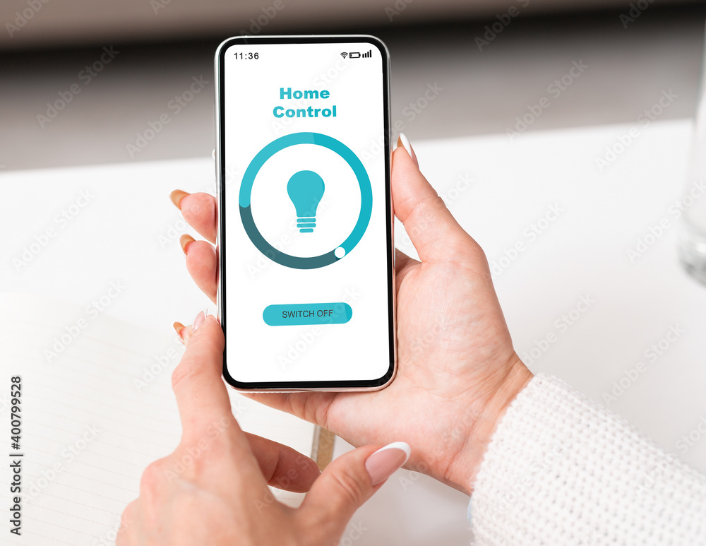 Aufkleber woman using home control app on smartphone for smart house automation