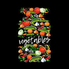 Decorative jar with salted vegetables, spices and greens on black background. Vector.