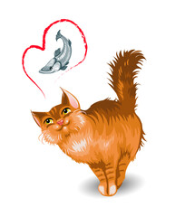 Red fluffy cat dreams of fish. Isolated on white background. Vector illustration.