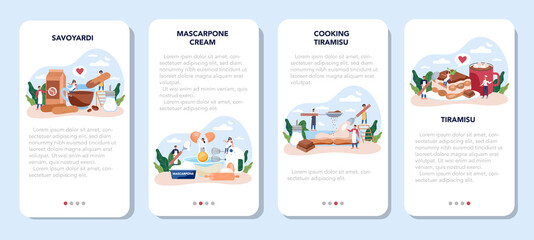 Tiramisu dessert mobile application banner set. People cooking