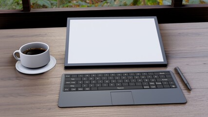 The tablet shows a blank screen. And wooden table background.3D render image.