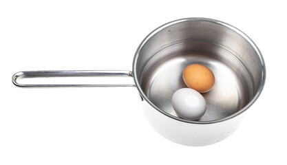 two eggs in saucepan with water isolated on white background