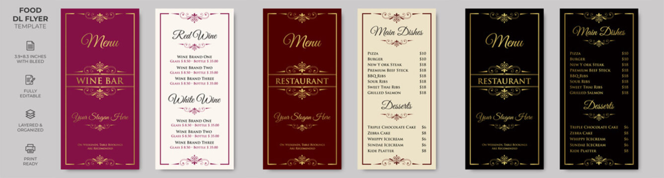 Rack Card Food DL Flyer Template, Simple Style And Modern Layout, Luxury Design, Wine Menu