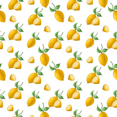 Seamless pattern, lemon with green leaves on a branch on a white background.