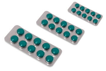 Packaging round blue tablets, tablets, lozenges. Isolated on white.