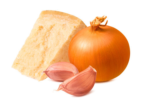Onion, garlic and parmesan cheese isolated on white background
