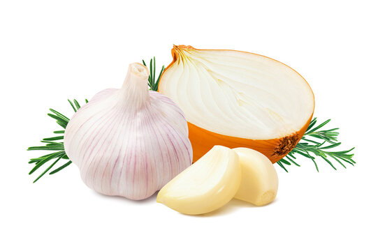 Onion, peeled garlic cloves and rosemary isolated on white background