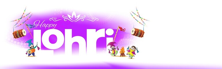 Vector illustration of Happy Lohri banner, festive background concept, celebrating people with drum, bonfire and sweets, Indian Punjabi festival, 