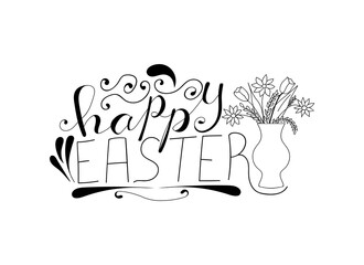 Hand written words Happy Easter, flower and texture. Vase with flowers outline. Hand drawing. Vector illustration.