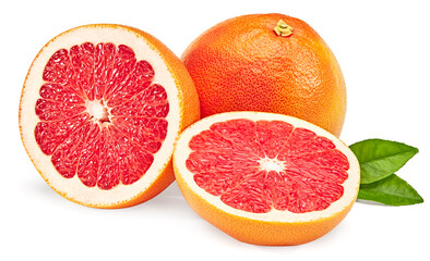 sliced grapefruit with green leaves isolated on white background. full depth of field. clipping path