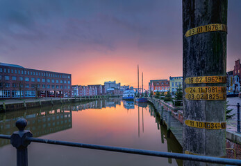 North Sea port city of Husum at Christmas time by sunset. The post that shows the flood events in...