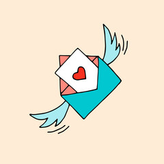 Envelope with wings. A letter with a valentine flies, a declaration of love. Colorful vector hand-drawn doodle illustration.
