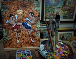 paint brushes, palette , Art painting Acrylic color Muaythai , Thai boxing from Thailand
