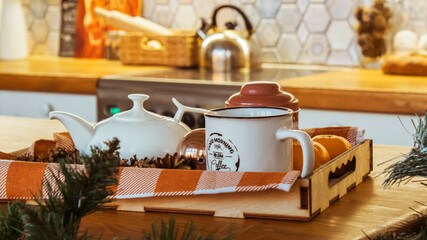 christmas decor, kitchen decoration, breakfast. new year and Christmas, holidays