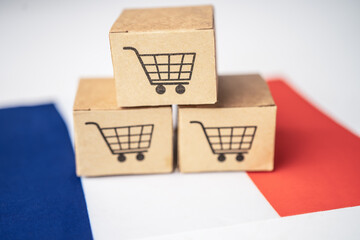 Box with shopping cart logo and France flag, Import Export Shopping online or eCommerce finance...