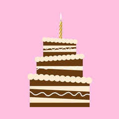 Beautiful chocolate birthday cake with candles, vector art illustration.