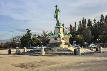 Bronze replica of statue David in the center of Michelangelo Square (Piazzale Michelangelo, 1869) in Florence (Firenze). Italy.