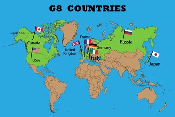 G8 Countries flags located on world map. UK, Russia, USA, Canada,Germany,Italy,Japan and France countries flags