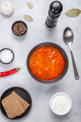 Traditional ukrainian russian soup (borscht) with bread and sour cream