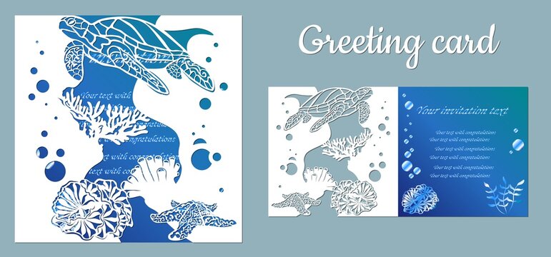 Turtle, starfish. Fauna with marine animals. Template for making a postcard. Vector image for laser cutting, plotter printing and scrapbooking.