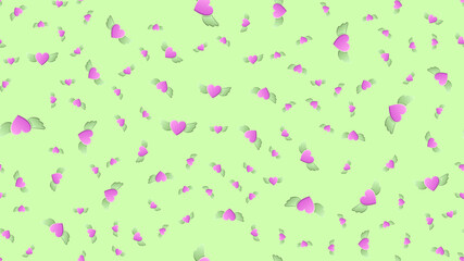 Endless seamless pattern of beautiful festive love joyful hearts with angel wings on a green background. illustration