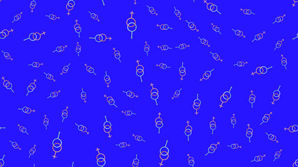 Endless seamless pattern of beautiful festive love symbols of the sexes of man and woman on a blue background. illustration