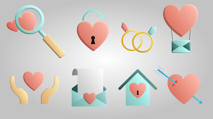 A large set of beautiful festive love joyful tender objects and icons with hearts, gift boxes and letters with magnifying glasses with hands and rings on a white background. illustration