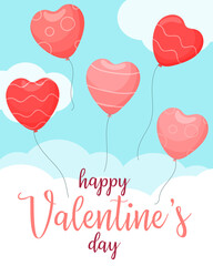 Fototapeta na wymiar Happy Valentine's day. Pink and red heart-shaped balloons against the sky and clouds and the inscription.