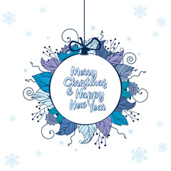Christmas original ball made of frosty leaves. Merry Christmas and Happy New Year. New Year greeting card or invitation. Vector patters.