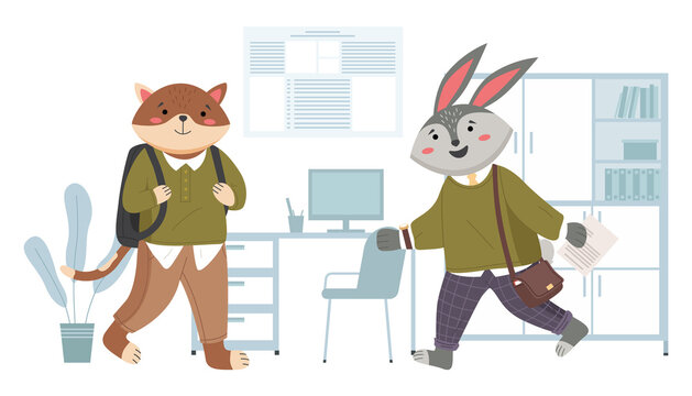Smart active students are ready for lesson with books. Cute rabbit and cat schoolboys with backpacks are standing in class. The hare runs with a letter in his hands. Animals spend time at school