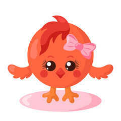 Funny cute kawaii chick girl with round body and hair bow in flat design with shadows. Isolated vector illustration	