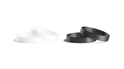 Blank black and white silicone wristband mock up lying, isolated