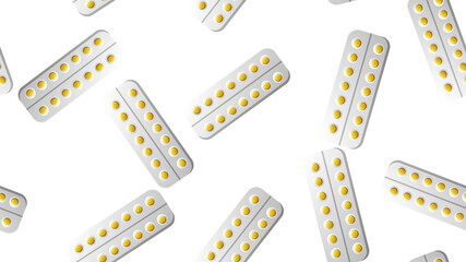 Endless seamless pattern of medical scientific medical items, pharmacological tablets and medications, pill capsules on a white background.  illustration