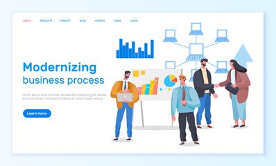 Modernizing business process landing page template, webpage with people working on global network. Computers are interconnected like a web, optimization of service. Modern business transformation