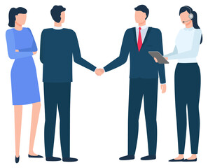People at business meeting vector, representatives from companies making deal flat style characters. Businessman and secretary with tablet and headphones support with clients or organization